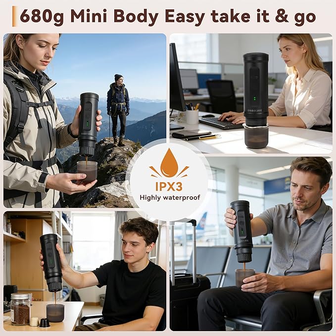 Portable Espresso Maker, Electric Coffee Machine with Self Heating for Travel & Camping, 20 Bar Espresso Machine for NS Capsule & Coffee Powder, Compact Size Ideal for RV, Hiking, Office, Car, Black