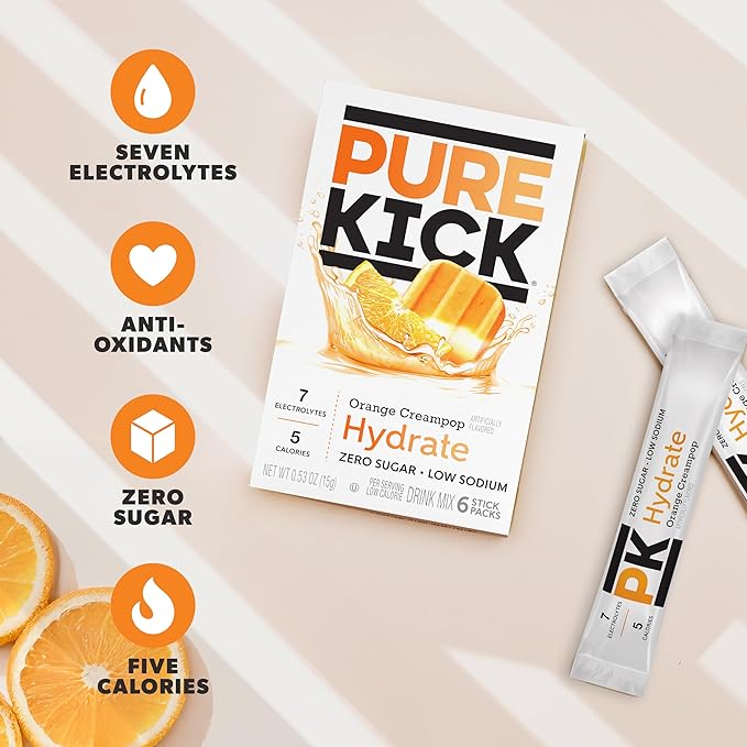 Pure Kick Hydration Singles To Go Drink Mix, Orange Creampop, Includes 12 Boxes with 6 Packets in each Box, 72 Total Packets