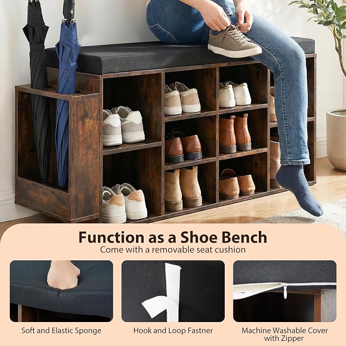 Tangkula Shoe Storage Bench with Umbrella Holder, 40" Shoe Organizer with Cushioned Seat, 10 Cubbies & Adjustable Shelves, Wooden Industrial Shoe Rack for Entryway, Living Room, Bedroom (Rustic Brown)