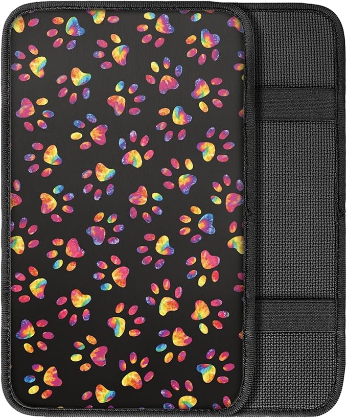 Tie Dye Dog Paws Print Car Console Covers,Non-Slip and Comfortable Armrest Cover for Cars,Paw Print Car Accessories