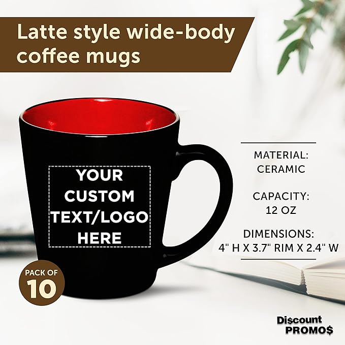 Custom Ceramic Coffee Latte Mugs 12 oz. Set of 10, Personalized Bulk Pack - Perfect for Coffee, Tea, Espresso, Hot Cocoa, Other Beverages - Red