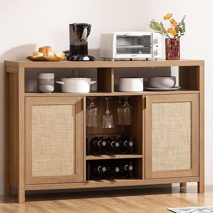 SICOTAS 51" Coffee Bar Cabinet Bar Cart with Storage, Wine Bar Cabinets Boho Home Bar Table, Rattan Sideboard Buffet with 2 Doors, Coffee Station with Wine Racks for Living Dining Room Entryway