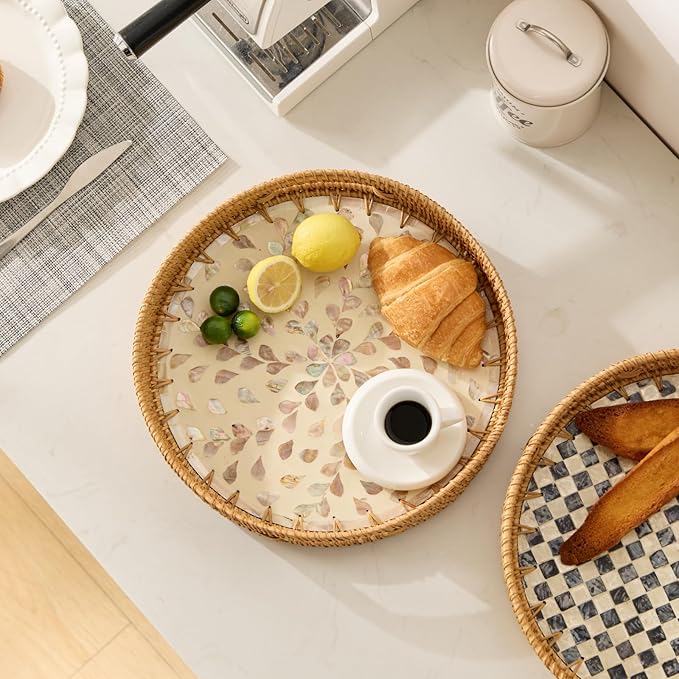 YANGQIHOME Round Rattan Tray with Handle, Mother of Pearl Inlay Decorative Wicker Basket for Coffee, Bread, Fruits, Serving Tray for Home Decor, Pink Clover