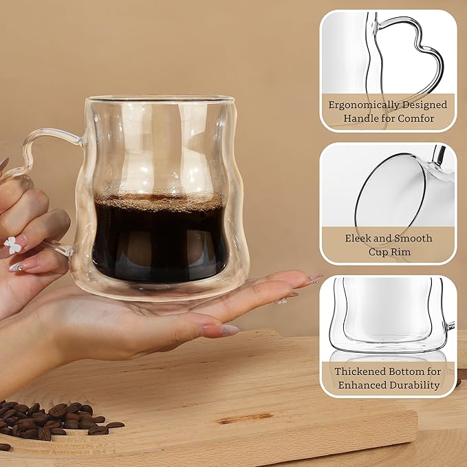 Joeyan 16.9oz Double Walled Insulated Coffee Mugs - Set of 2, Large Clear Latte Cappuccino Tea Espresso Cups with Handle, Heat Resistant Borosilicate Glass Drinking Coffee Mug for Hot Cold Drinks