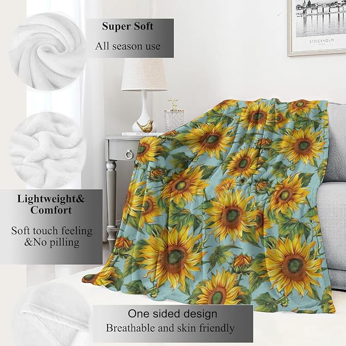 Sunflower Blanket,Vintage Yellow Floral Aesthetic Throw Blankets,Gifts for Women & Flower Lovers,Lightweight Soft Fleece,for Picnic Sofa Couch Bed Room Travel,Birthday Decor,50x60in