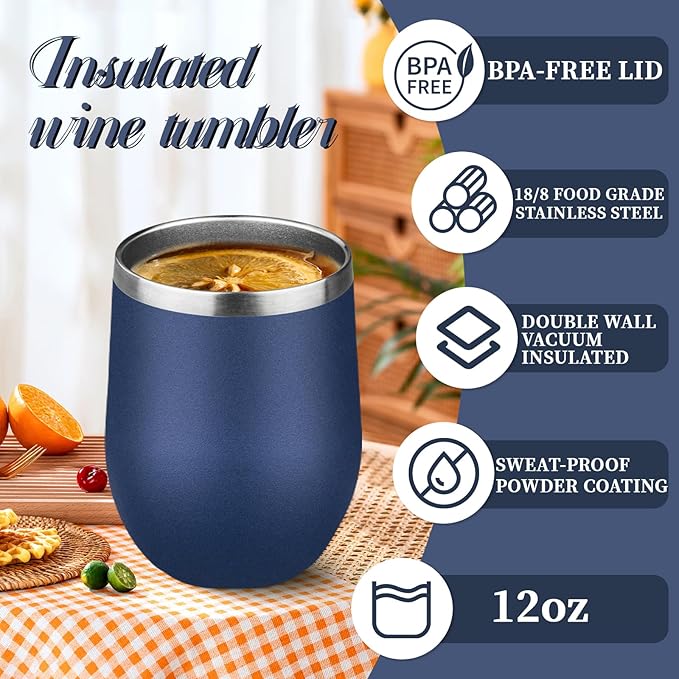 12oz Stemless Wine Tumbler with Lid Double Wall Insulated Wine Cup Stainless Steel Glasses Tumbler with Straw Insulated cocktail Tumbler Coffee Mug for Hot and Cold Beverages (Multicolor-10,6Pack)