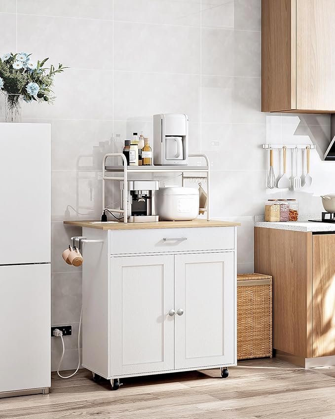 Kitchen Island, Kitchen Island Cart with One Double Cabinet and Drawer, Rolling Storage Cart with Power Strip, with Drop Leaf, for Kitchen, Living Room, White and Natural MZD01UWNN1