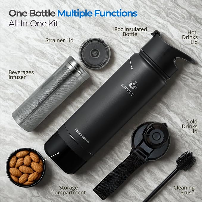 Coffee & Cold Brew Travel Bottle – 18oz Insulated Flask with French Press-Style Brewing, Hidden Storage & Dual Lids – For Hot & Cold Drinks – FLASKMATE All-in-One System (Midnight Black)