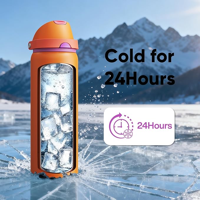 Insulated Water Bottle with Straw - Encool Stainless Steel Water Bottle with Push Button Lid, Leak-Proof & BPA-Free, Keeps Cold for 24 Hours for Sports, Travel, Gym (32 oz, Tiger Eye)