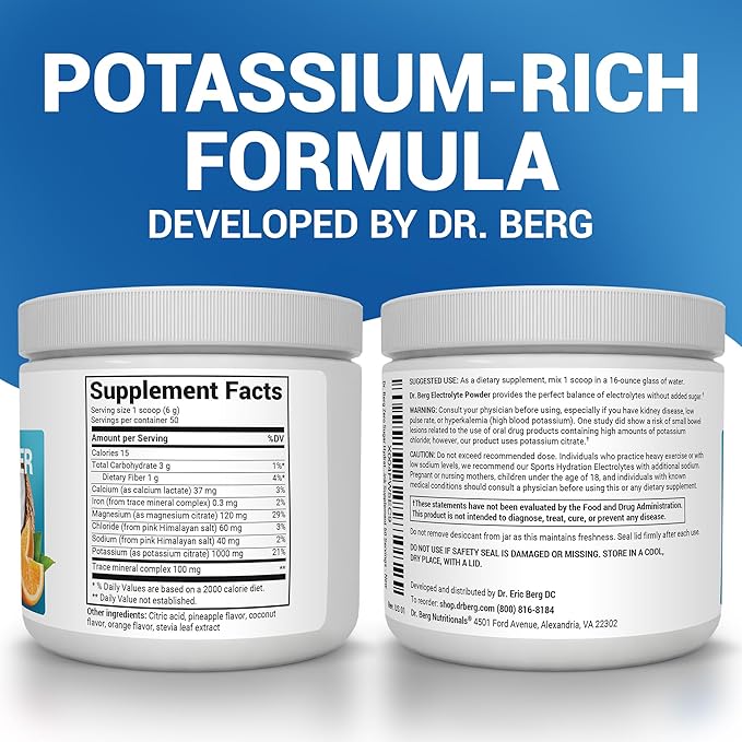 Dr. Berg Zero Sugar Hydration Keto Electrolyte Powder - Enhanced w/ 1000 mg of Potassium & Real Pink Himalayan Salt (NOT Table Salt) - Tropical Coconut, Pineapple & Orange Drink Supplement 50 Servings