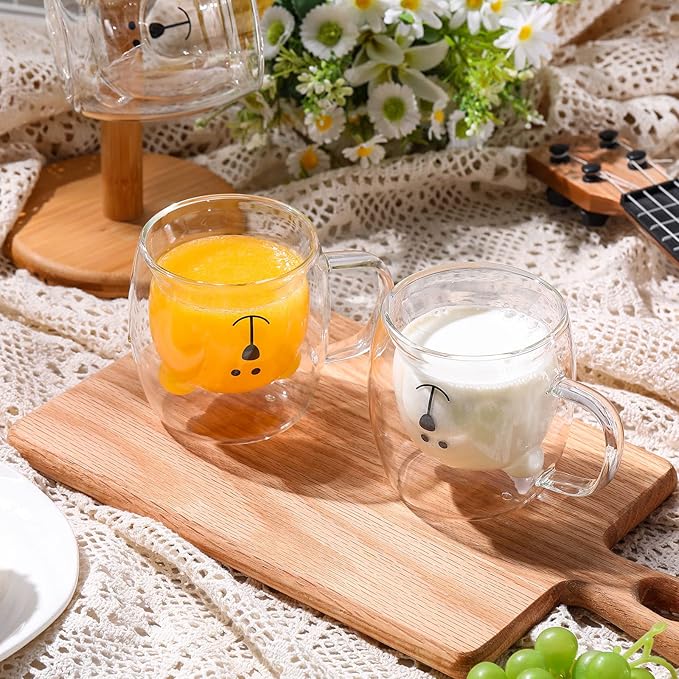 Eccliy 8 Pcs Cute Bear Mugs Bear Tea Cup 8.5 oz Double Wall Glass Honey Milk Coffee Mug with Handle Insulated Glass Espresso Cups Birthday Gift for Women Men Gift