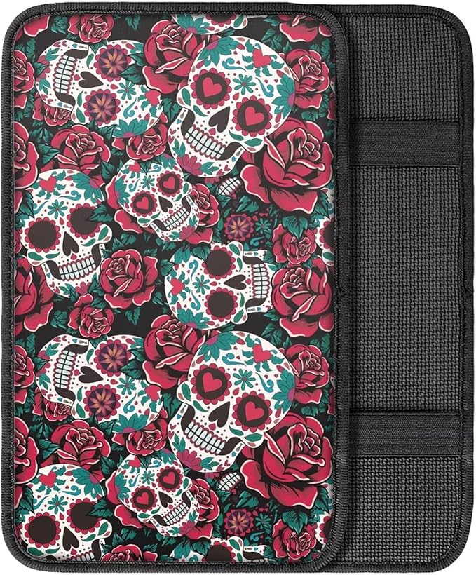 Rose Sugar Skull Car Center Console Cover Breathable Soft Car Armrest Cover Cushion Non Slip Middle Console Protector Mat Sugar Skull Auto Interior Accessories Decor