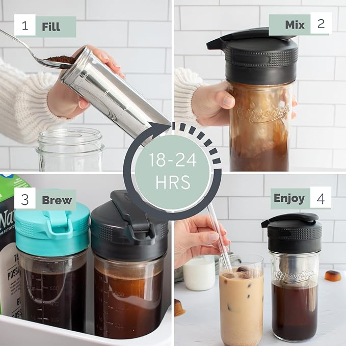 Masontops Cold Brew Makers Kit - Deluxe Iced Coffee Maker with Glass Pitcher & Stainless Steel Mesh Filter - Easy Pour Fridge Cold Brewer System