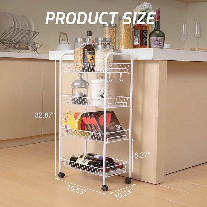 PLKOW 4-Tier Metal Rolling Utility Cart, Multi-Functional Storage Cart for Office, Living Room, Kitchen, Bathroom, Lightweight Organizer Cart with Wheels, White