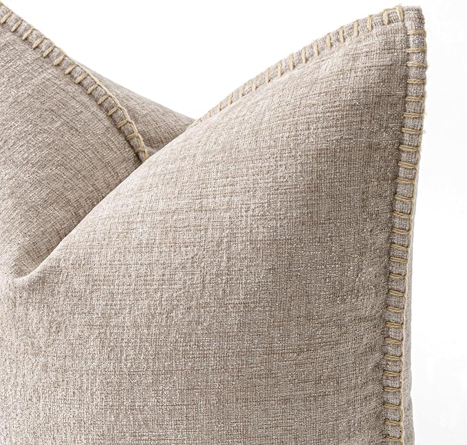 MIULEE Pack of 2 Couch Throw Pillow Covers 18x18 Inch Taupe Farmhouse Decorative Pillow Covers with Stitched Edge Tan Soft Chenille Solid Dyed Pillow Covers for Sofa Bed Living Room