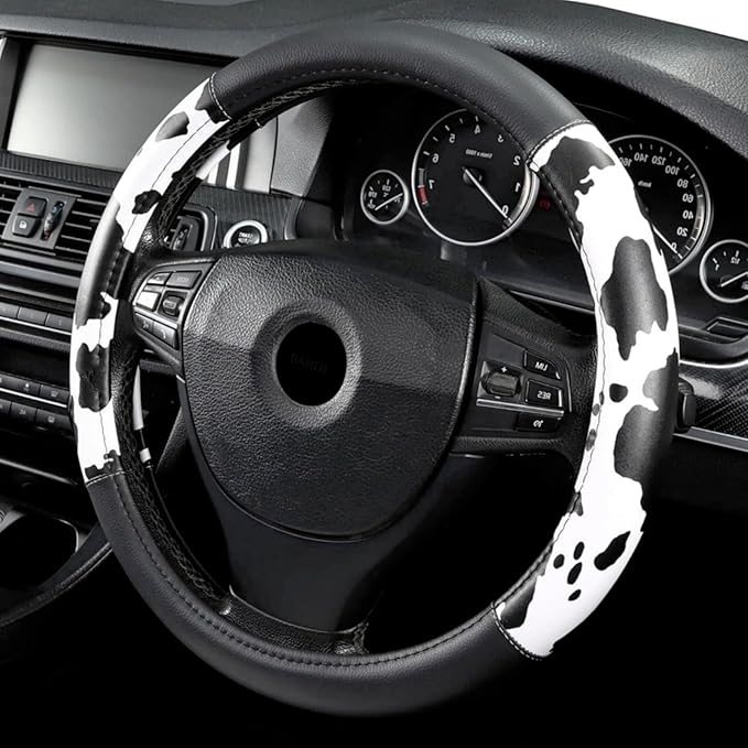 Cow Print Steering Wheel Cover, Microfiber Leather Cute Breathable Anti Slip Universal 14.5-15 inch Car Interior Accessories for Women Men, Black White