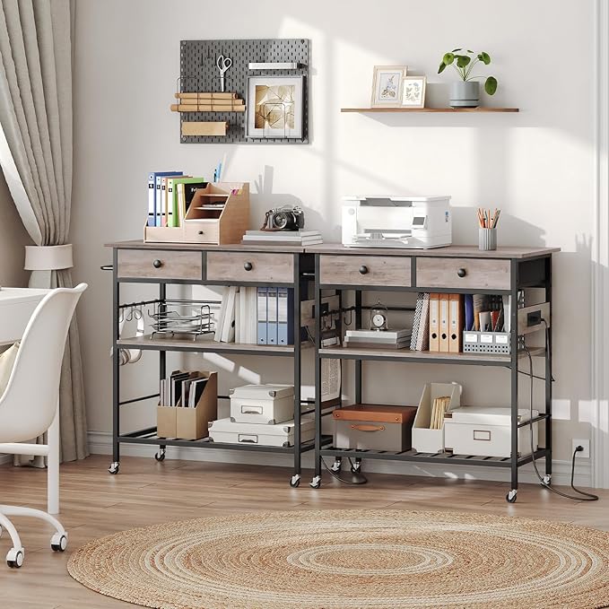 HOOBRO Kitchen Island with Storage, Rolling Island Cart for Kitchen with 2 Drawers & Outlet, 3 Tier Coffee Station and Microwave Stand, Kitchen Island Table for Home, Greige BG08UZD01