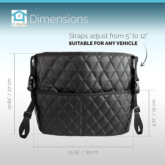 Car Net Pocket Handbag Holder Between Seats, Luxury Quilted PU Leather Purse Car Organizer With 2 Extra Pockets For Storage, Black