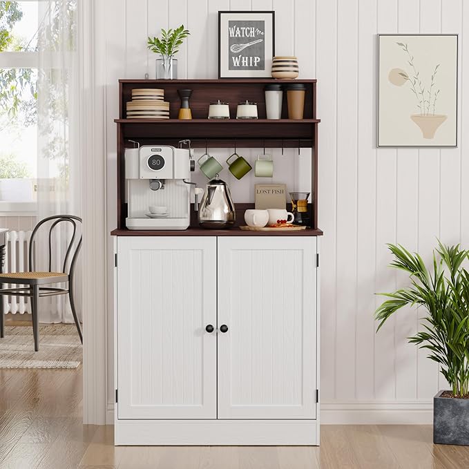 MHOM Farmhouse Bar Cabinet with Storage, Coffee Station Cabinet with 5 Hooks, Small Coffee Bar for Kitchen & Living Room, Antique White