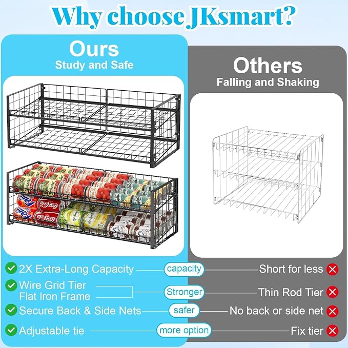 JKsmart 2-Tier Stackable Can Rack Organizer for Pantry Shelf, Extra-Long Can Holder for Kitchen Organization,Heavy Duty Can Dispenser for Canned Food Soup Goods up to 54 in Cabinet Storage, Black