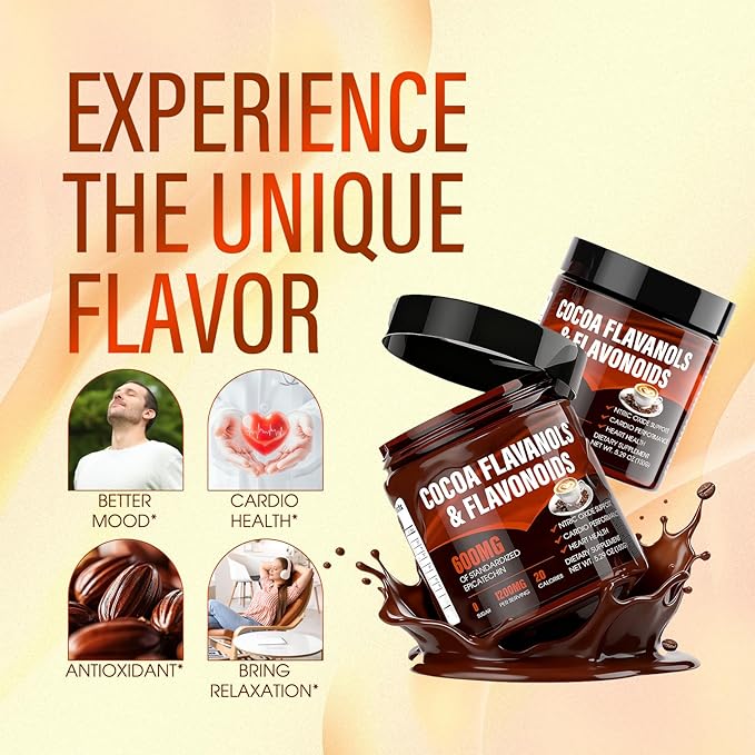 High Flavanol Cocoa Powder – 1200mg Flavanols with 600mg Epicatechin, 10X More Flavanols Than Cocoa – Premium Antioxidant Support for Heart Health, Nitric Oxide & Daily Energy – Zero Sugar