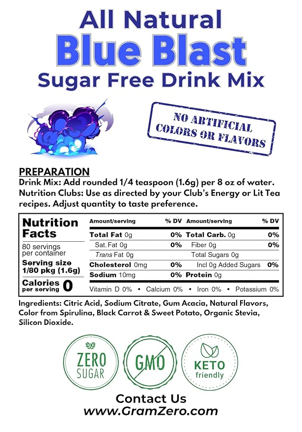 GramZero All Natural Blue Blast Zero Calorie Sugar Free Drink Mix, Great For Nutrition Club Loaded Tea, Stevia Sweetened