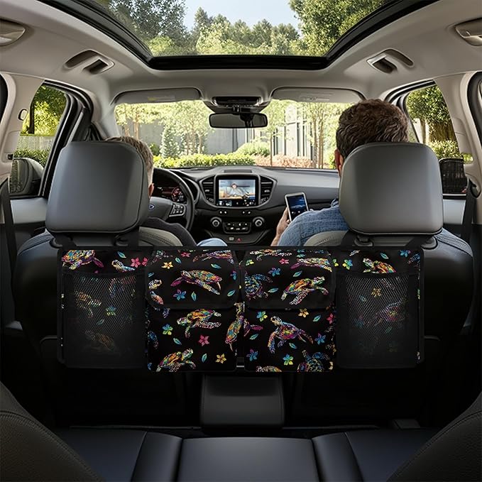 CLOHOMIN Colorful Sea Turtle Car Trunk Organizers for Women Flower Car Trunk Mesh Storage Large Capacity Backseat Hanging Organizer Fashion Cargo Storage Organizer with 4 Pockets