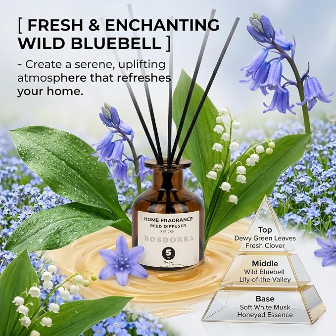Reed Diffuser Set, Bluebell Scent, 5 oz | Home Fragrance, 5 Sticks Included, Fresh wild floral notes; 90 days constant release;