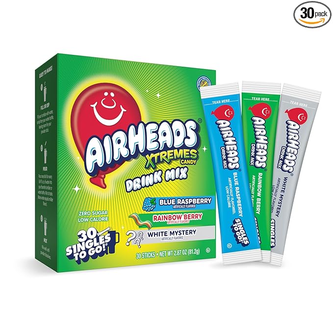Airheads Xtreme Singles To Go! Drink Mix 30ct Variety Pack, Zero Sugar, Low Calorie, Sweet & Sour Powder Drink Mix Packets, Blue Raspberry, Rainbow Berry, White Mystery, 30 Count