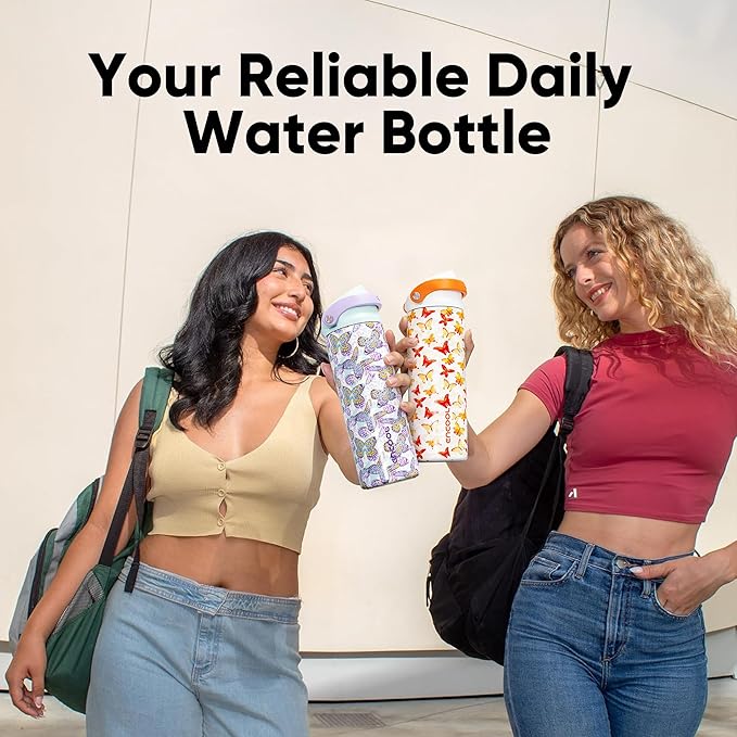 ENCOOL Leakproof Insulated Water Bottle with Straw Dual-Sip Water Bottle Bag-Safe Design for Work, Commute & Gym – Keeps Drinks Cold All Day, 24 oz, Sunset Butterflies