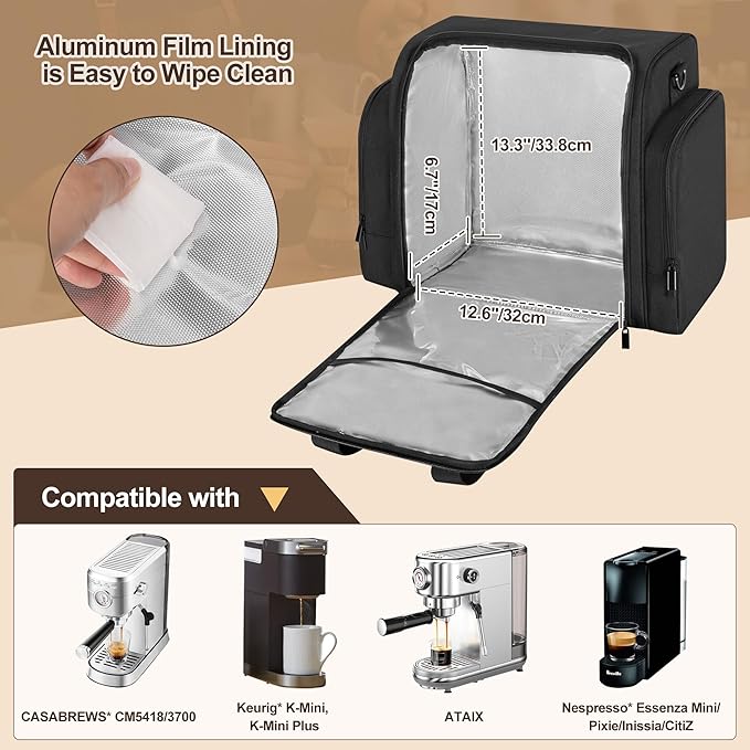 Yarwo Coffee Maker Bag Compatible with Keurig K-Mini/CASABREWS CM5418/3700/ATATIX, Wide Open Coffee Machine Travel Case with Insulated & Mutiple Pockets for Coffee Maker, Pods, Grinder and Supplies