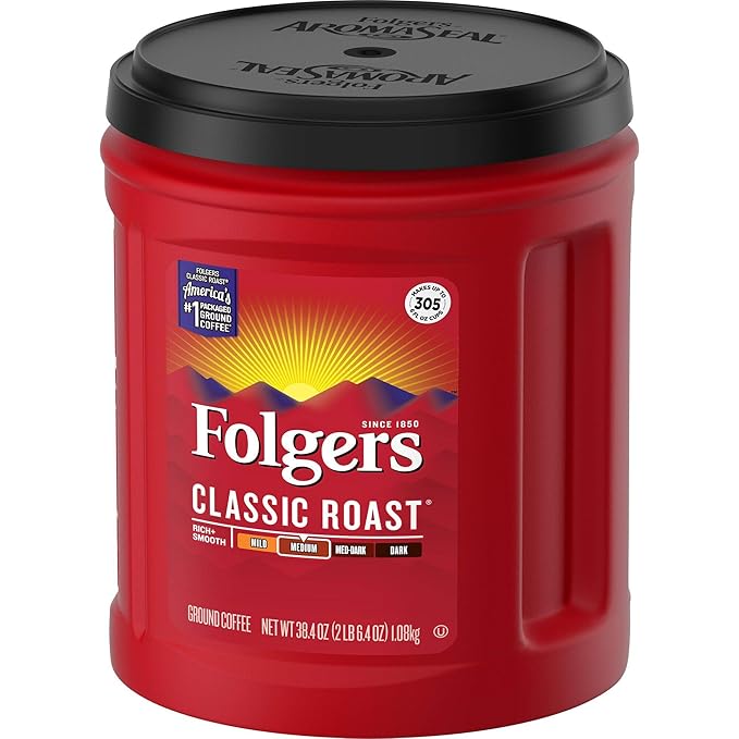 Folgers Classic Roast Medium Roast Ground Coffee, 38.4 Ounces (Pack of 6)