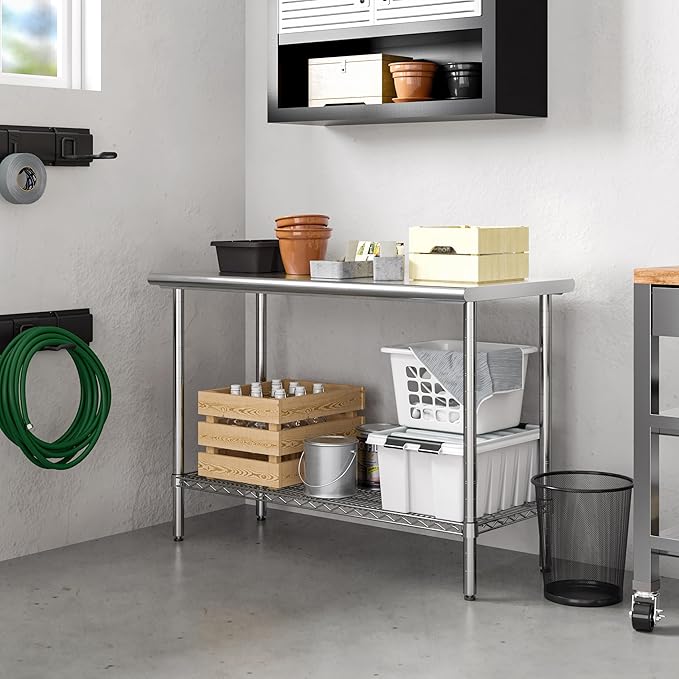 Seville Classics Commercial Work Table Island Utility Cart Prep Station, for Restaurant, Kitchen, Warehouse, Garage, Hotel, Home, Stainless-Steel Top NSF , 49" W x 24" D