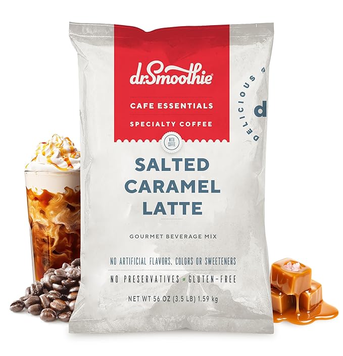 Dr. Smoothie Café Essentials Salted Caramel Latte – No Artificial Colors, Flavors, or Sweeteners – 20mg of Caffeine per Serving – Great for Hot, Iced, & Frozen Frappes (3.5 lb Bag, 26 Servings)