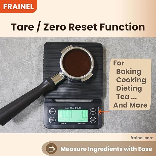 Coffee & Kitchen Digital Scale for Pour Over, Drip, Espresso, Salad Preparation, Pizza, Seasonal & Thanksgiving Cooking. Built-in Timer, Unit Switch, Green LCD, Max 5kg Weight, 0.1g Accuracy