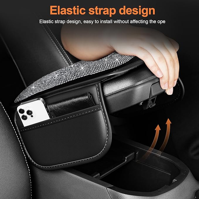 Bling Car Armrest Cover for Women Fit for Mazda Mazda 3 Custom Leather Center Console Cover with 2 Storage Pockets Crystal Rhinestones (Black)