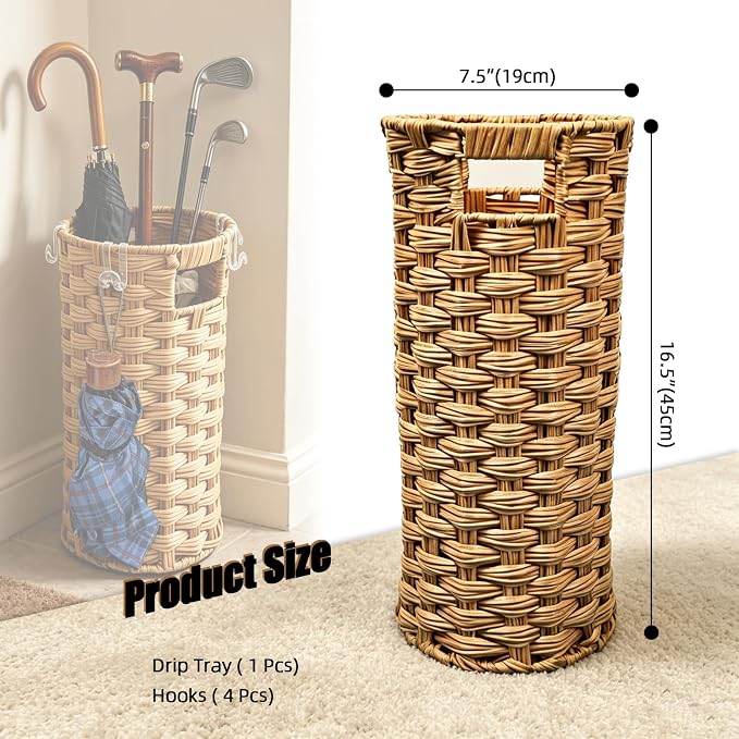 Rattan Umbrella Stand with Drip Tray - Hand Woven Freestanding Entryway Umbrella Holder, Small Rattan Rack Organizer with 4 Hooks for Folding Umbrellas & Canes, 7.5" L x 7.5" W x 16.5" H