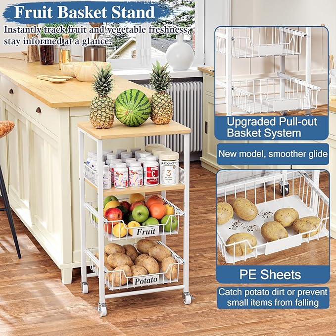 4 Tier Rolling Cart with Drawer Baskets, Metal Utility Storage Cart with Wheels and Wood Top for Living Room, Kitchen, Home Office, Bedroom, Pantry, Baby Essential, Craft, Snack, Makeup, White