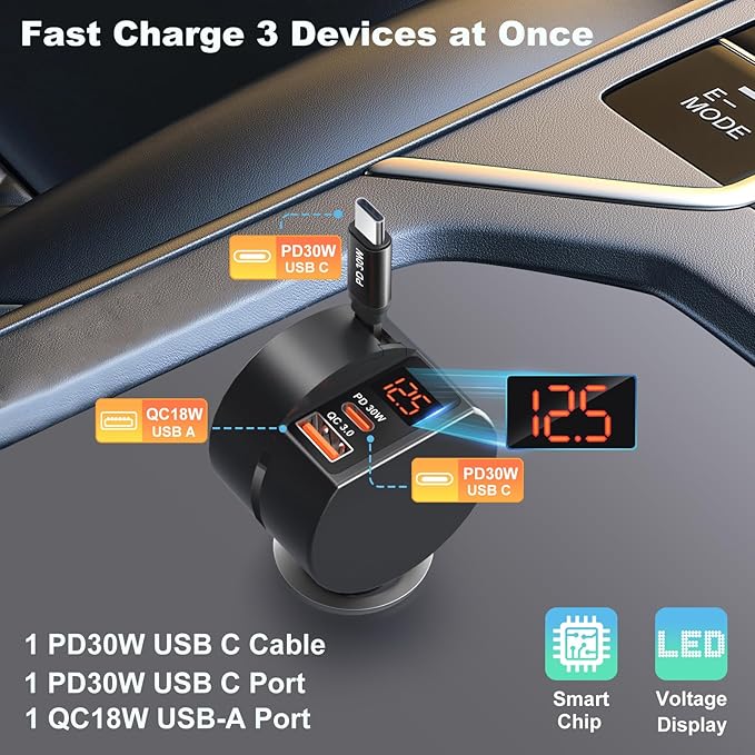78W Retractable USB C Car Charger, OKRAY 3-Port 12v Cigarette Lighter Car Adapter with Type C PD30W Fast Charging Cord+Coiled USB C Cable for iPhone 17 Air 16 15 14 Pro Max, Samsung Galaxy S25 S24 A16