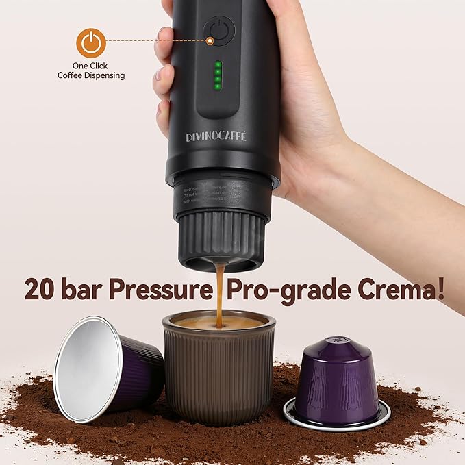 Portable Espresso Maker, Electric Coffee Machine with Self Heating for Travel & Camping, 20 Bar Espresso Machine for NS Capsule & Coffee Powder, Compact Size Ideal for RV, Hiking, Office, Car, Black