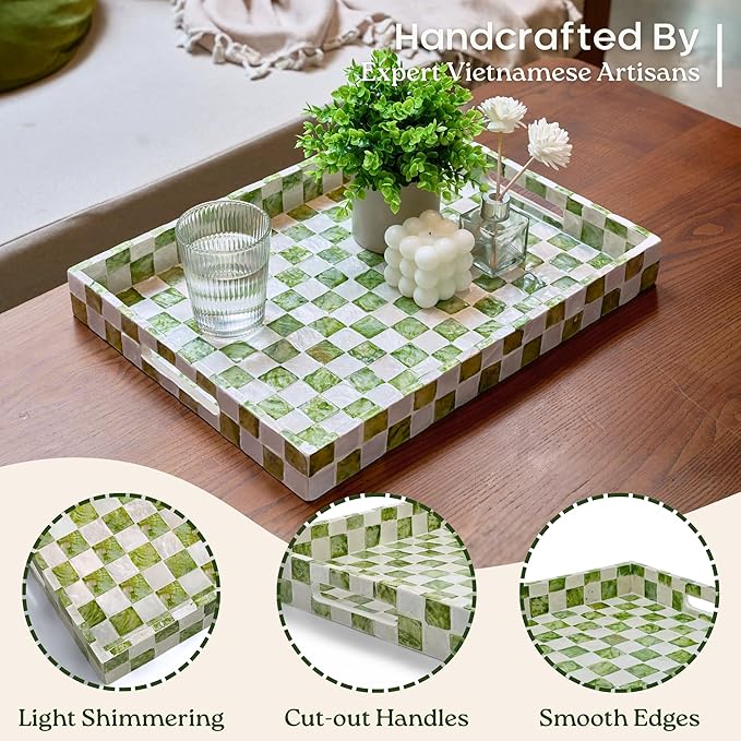 15.8" x 11.8" Decorative Rectangular Tray with Natural Capiz Shells, Checkered Tray with Handles, Serving Tray for Ottoman, Coffee Table, Kitchen Counter Home Decor (Pistachio Green)