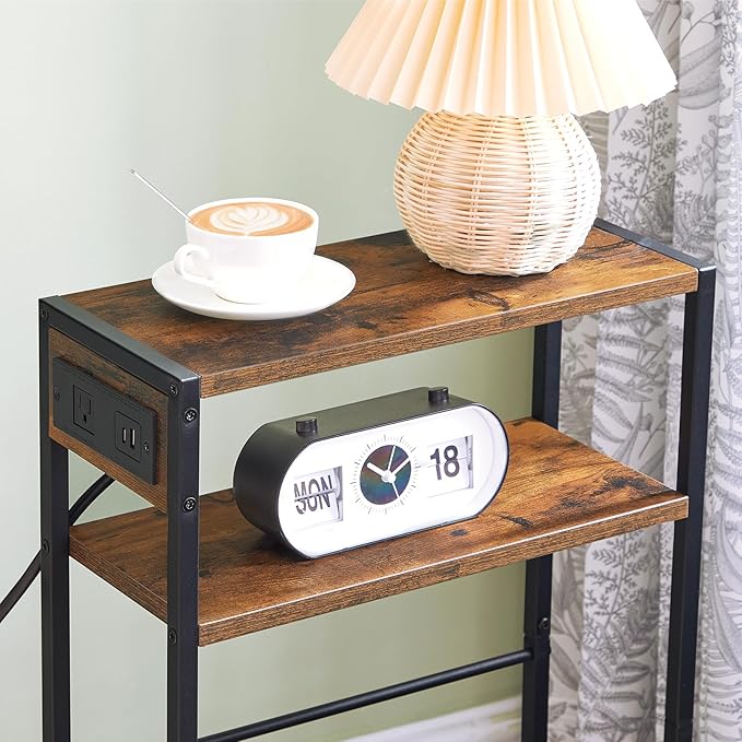HOOBRO Small Narrow Side Table with Charging Station Set of 2, Skinny End Table for Small Spaces, Slim Nightstand with USB Ports Outlet, Sofa Beside Table with Storage Shelf BF102UBZP201