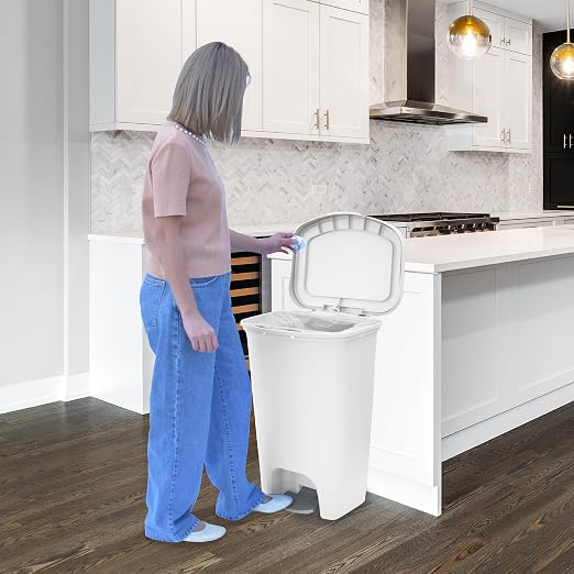 Glad 13 Gallon Trash Can with Clorox Odor Protection | Plastic Kitchen Waste Bin | Hands Free with Step On Foot Pedal and Garbage Bag Rings, White