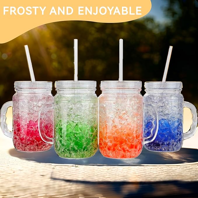 Lily's Home Old Fashioned Glasses with Lids Straws and Handles, 16 oz Set of 4 – Clear Acrylic Tumbler Cups with Color Accents, Reusable Party Drinkware for BBQ, Poolside, Outdoor Events & Home Bar