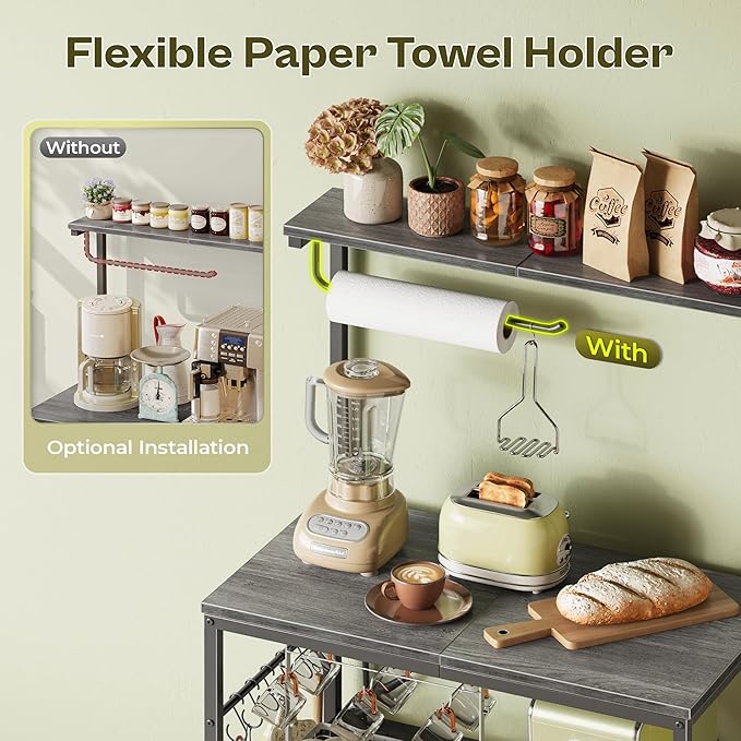 Huuger 4-Tier Bakers Rack with Reversible Power Outlet, 23.6 Inch Microwave Stand, Kitchen Coffee Bar, with Top Shelf, 6 S Hooks, Grey
