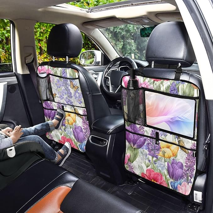 2 Pack Back Seat Car Organizer with Storage Pockets Kick Mats Back Seat Protector Hanging Car Organizer Automotive Seat Back Cover Organizers Tulips Lavenders Purple Butterfly