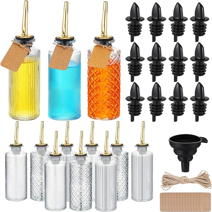 Baderke 12 Sets Coffee Syrup Dispenser Bottles Glass Syrup Dispenser Container with Pour Spout Dust Lids Labels Funnel Christmas Coffee Bar Accessories for Honey, Condiments, Olive Oil(Basic Style)