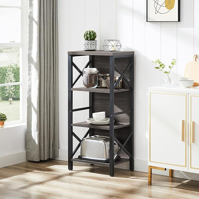 MNEETRUNG Small Bookshelf,4 Tier Industrial Bookcase with Metal Frame and Backboard,Narrow Rustic Gery Book Shelf,Book case for Small Spaces,Living Room,Bedroom and Home Office