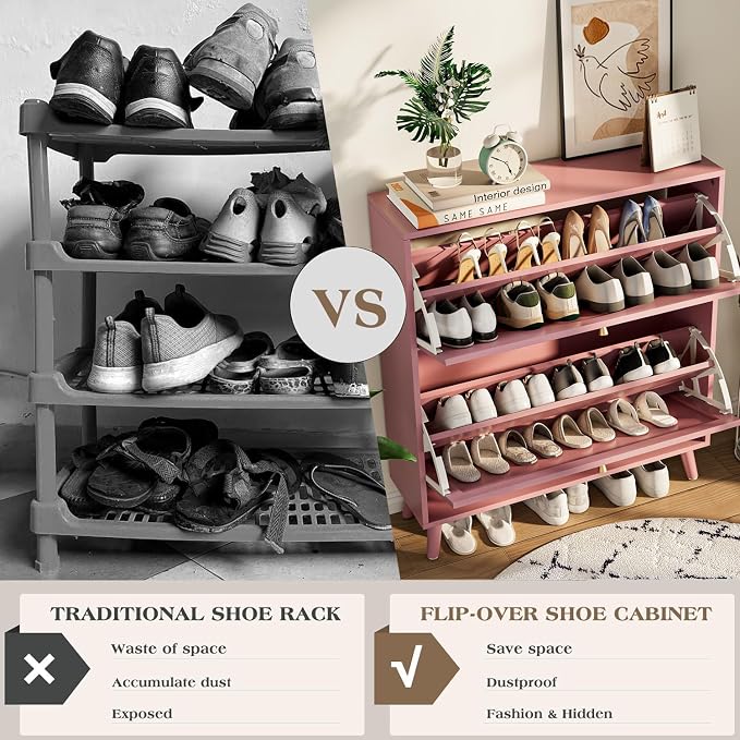 Fsbecl Shoe Storage Cabinet for Entryway with 2 Flip Drawers, Narrow Wood Shoe Cabinet with Fluted Panel, Freestanding Hidden Shoe Organizer for Foyer, Hallway (Pink - with Shelf)