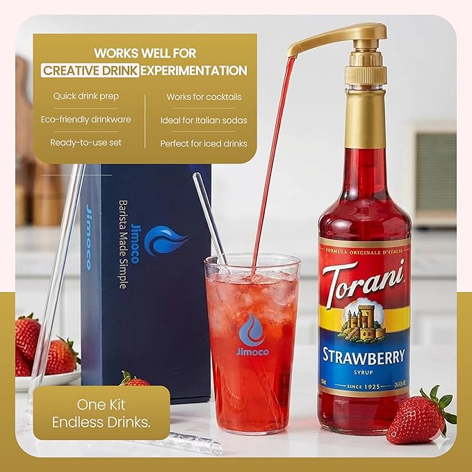 Jimoco Barista Set – Torani Lime, Strawberry & Blue Raspberry Syrups (25.4 oz Each) with 3 Jimoco Syrup Pumps, Reusable Cups, Straws & Stirrers – Coffee, Italian Soda & Cocktail Flavoring Kit